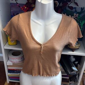 F21 Ribbed V-Neck Buttoned Tan Top